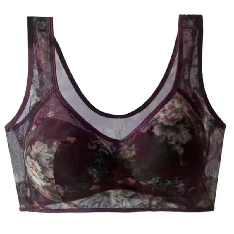Purple plus size floral print wireless vest bra