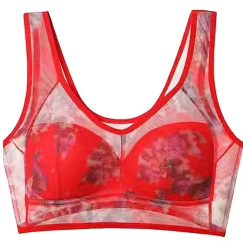 Red plus size floral print wireless vest bra