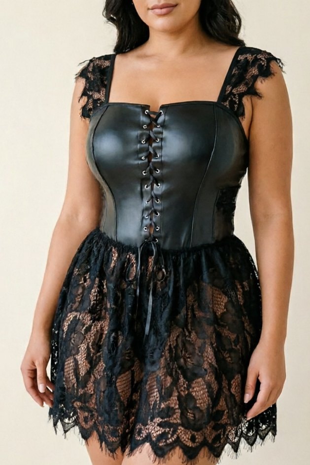 Black plus size gothic lace up corset mini dress