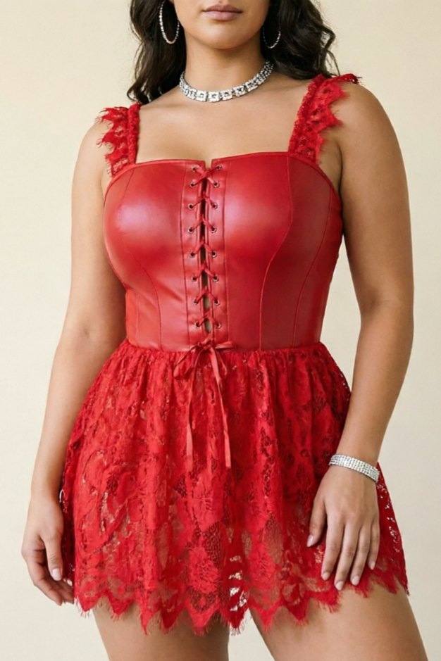 Red plus size gothic lace up corset mini dress