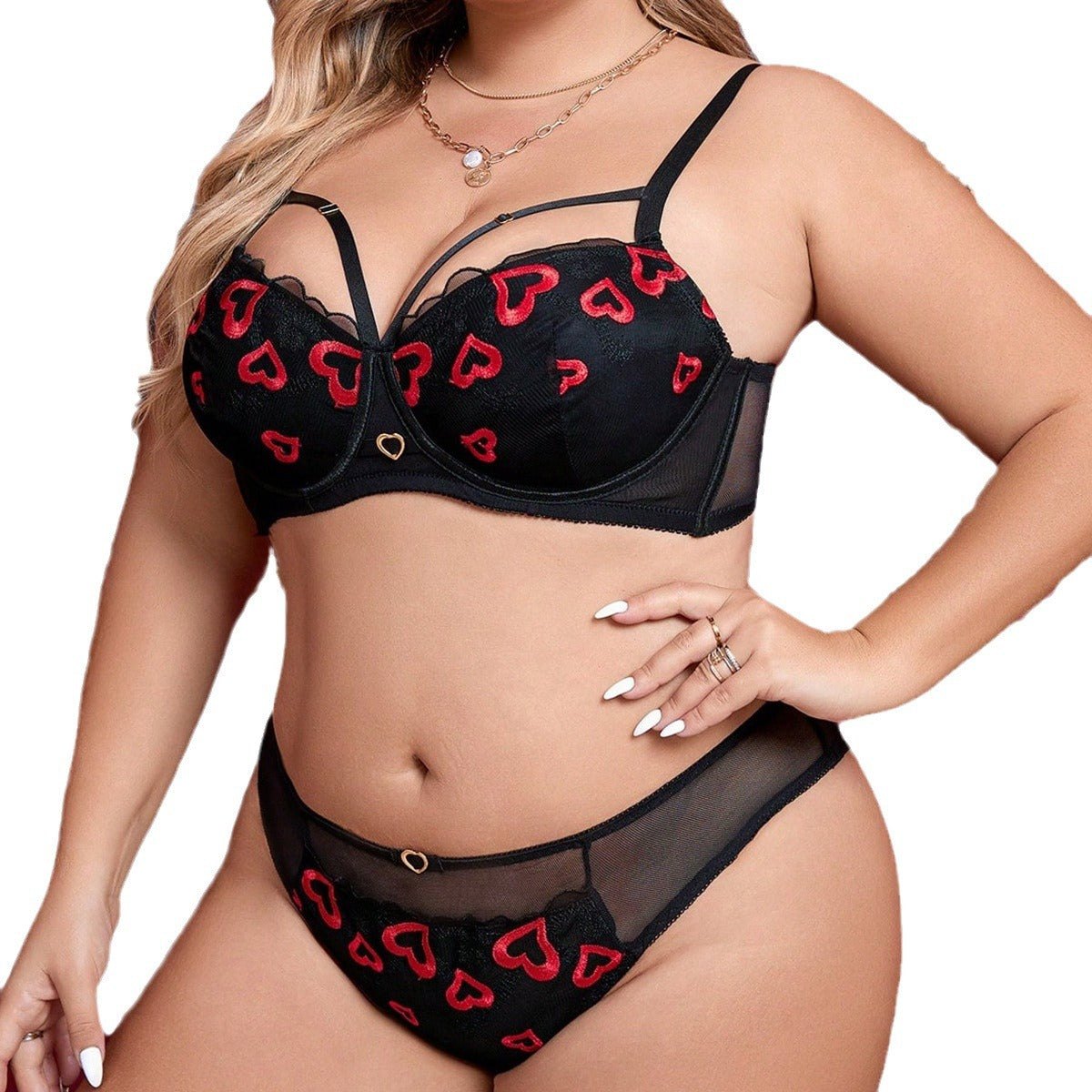 Plus size heart embroidered lace bra set, photo 6