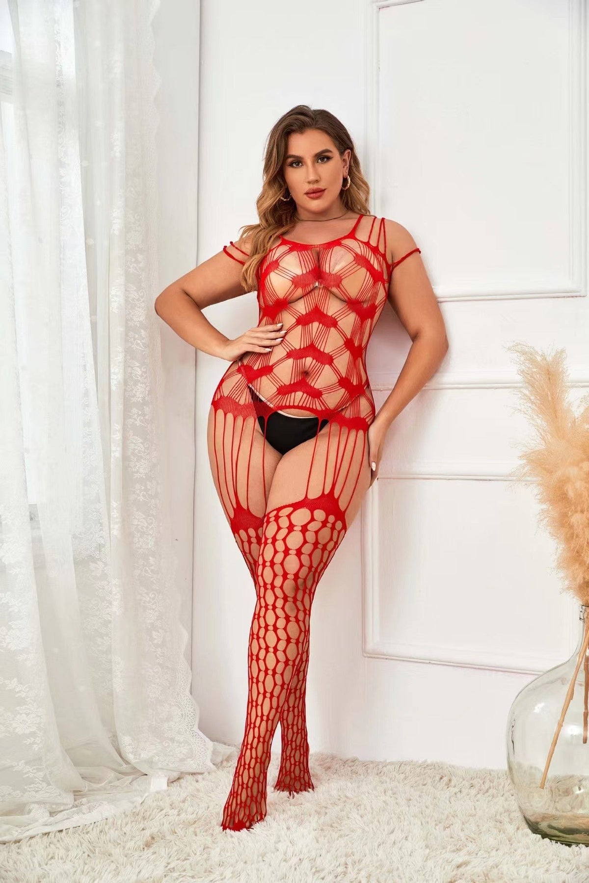 Red plus size heart print fishnet garter bodysuit
