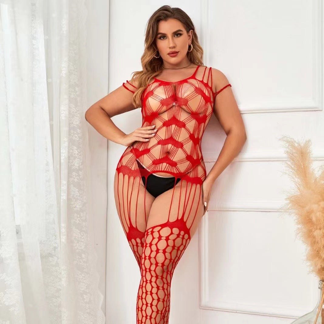 Plus size heart print fishnet garter bodysuit, photo 2