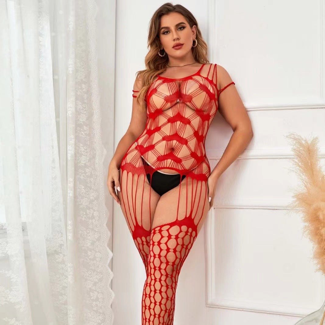 Plus size heart print fishnet garter bodysuit, photo 4