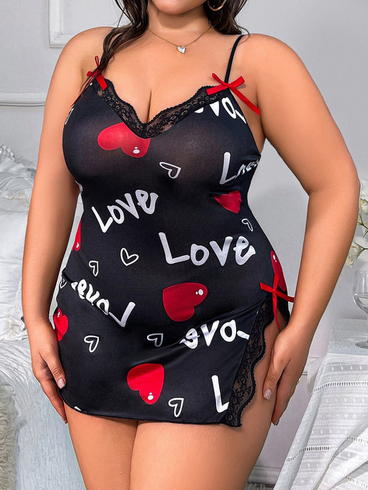 Black plus size heart print sheer mesh babydoll