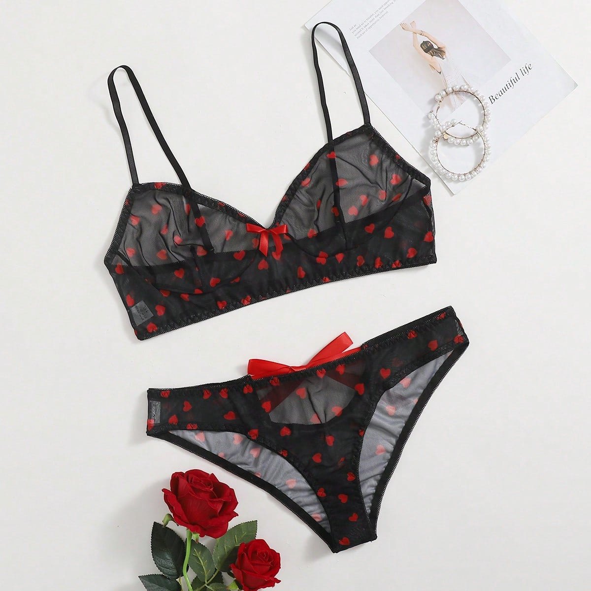 Plus size heart print underwire bra set, photo 7