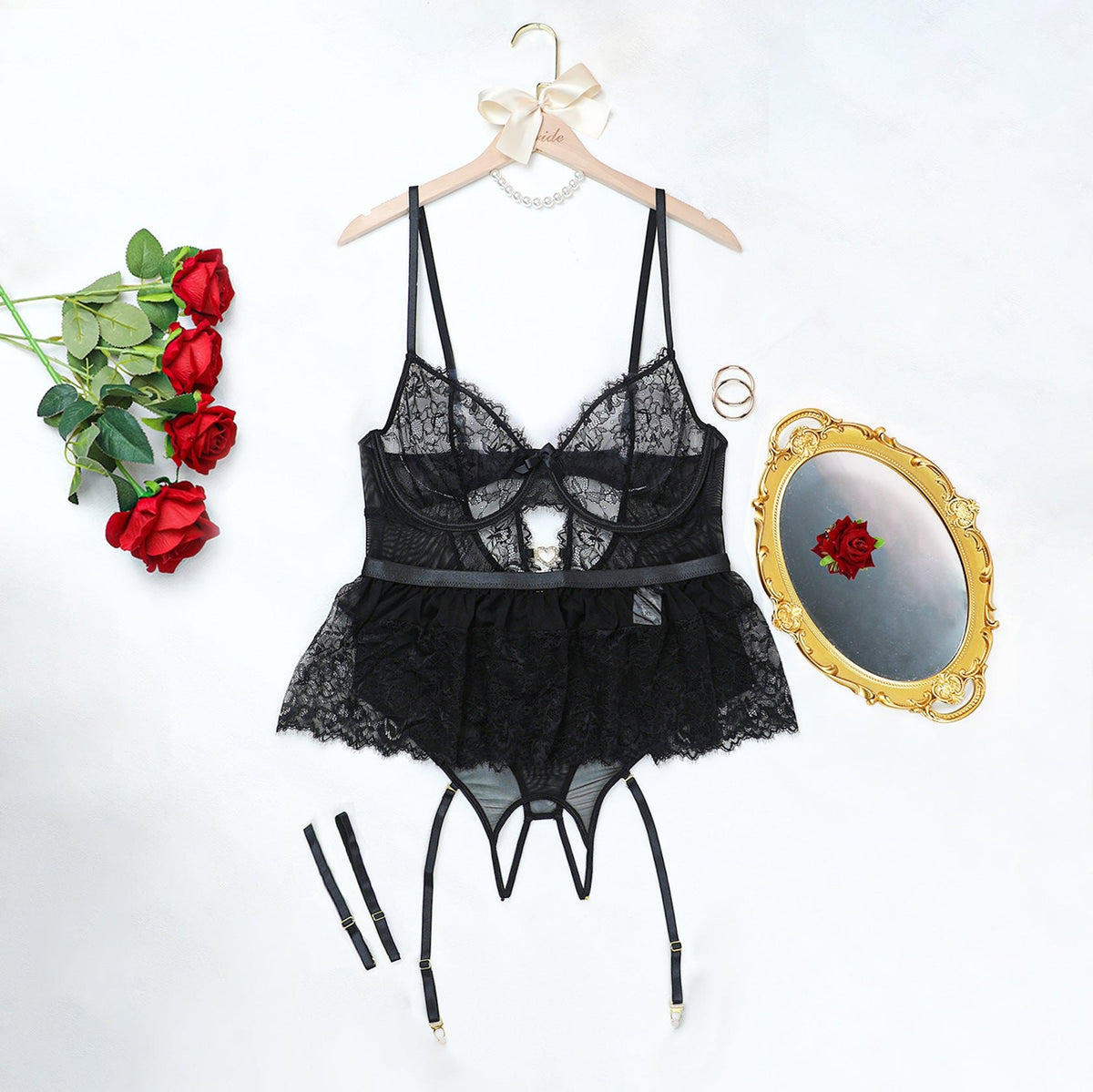 Black plus size lace babydoll bodysuit garter straps