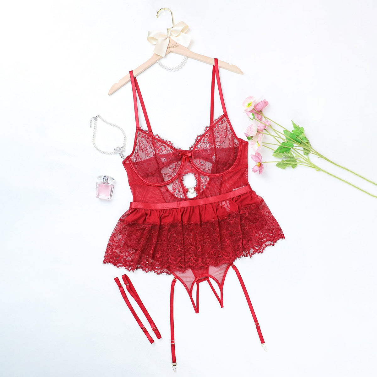 Red plus size lace babydoll bodysuit garter straps