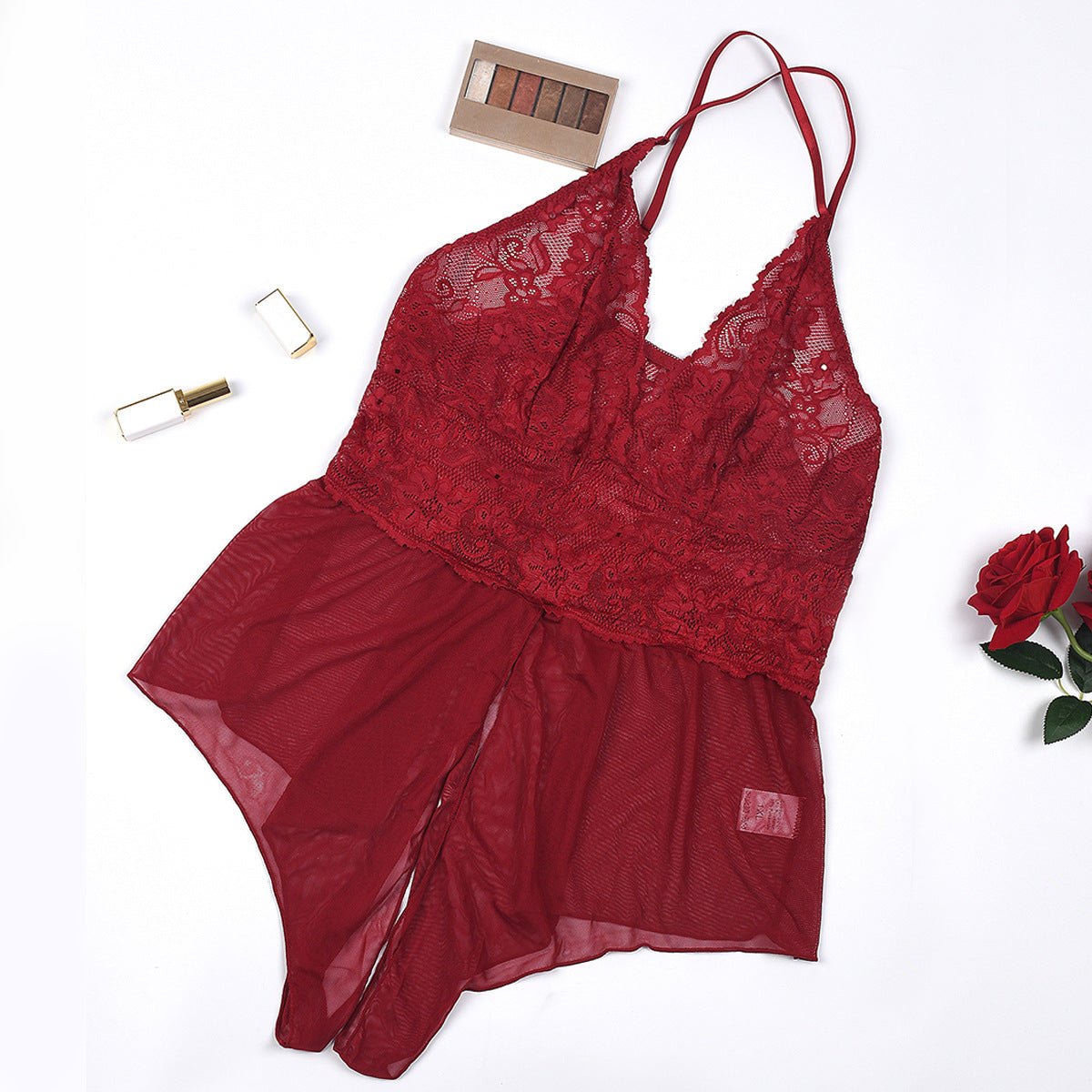 Claret plus size lace babydoll jumpsuit deep v