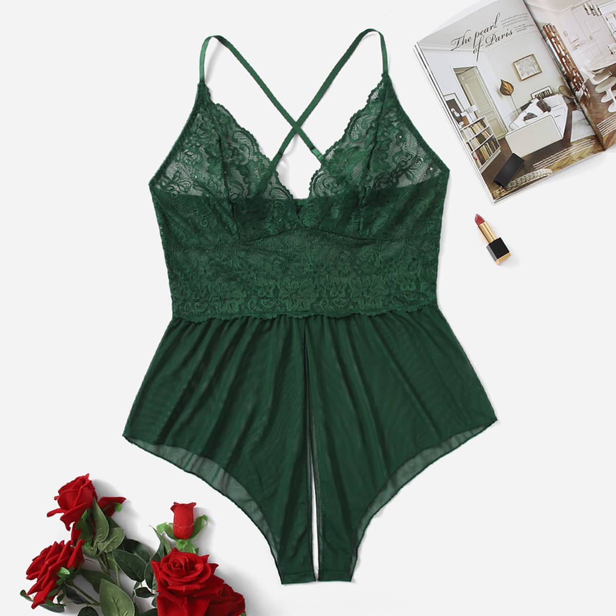 Green plus size lace babydoll jumpsuit deep v