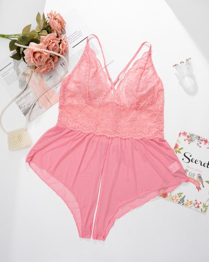 Pink plus size lace babydoll jumpsuit deep v