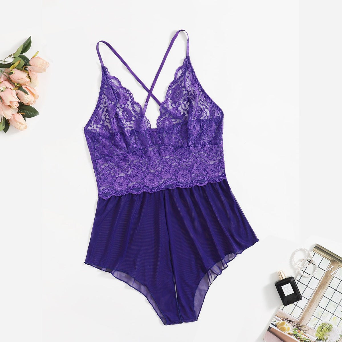 Purple plus size lace babydoll jumpsuit deep v