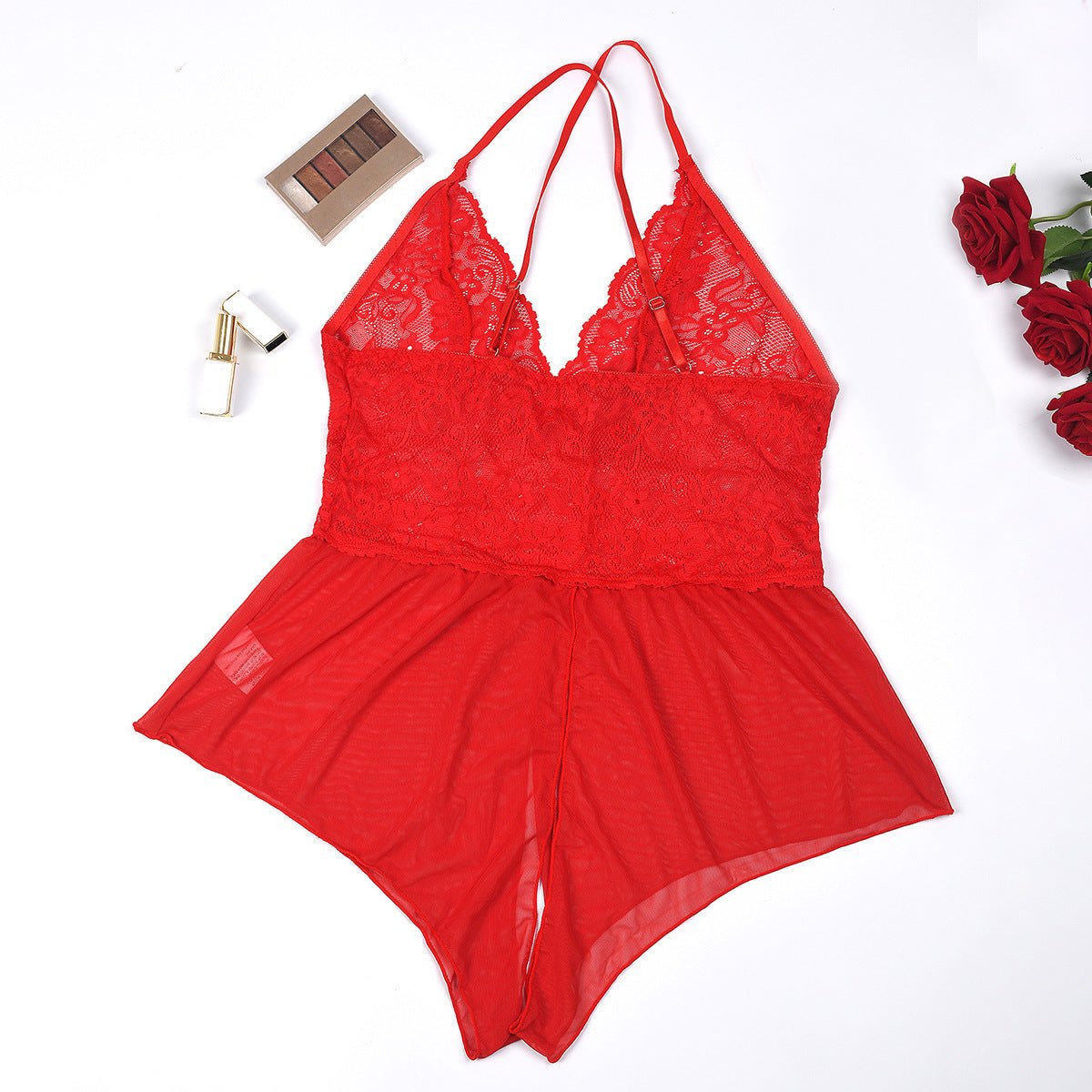Red plus size lace babydoll jumpsuit deep v