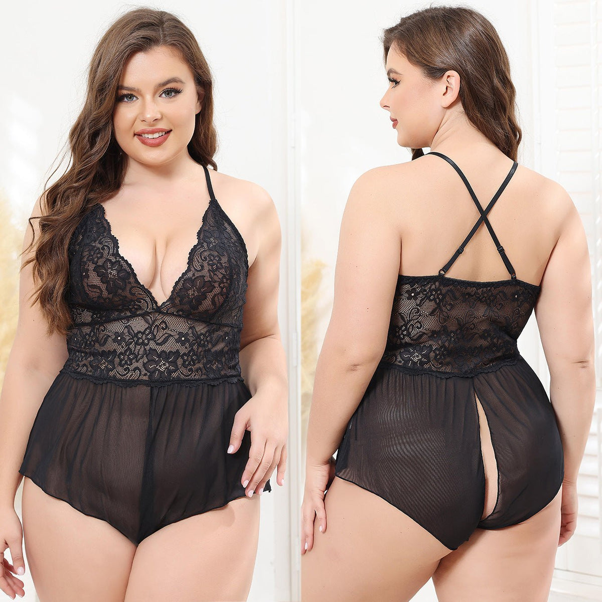 Plus size lace babydoll jumpsuit deep v, photo 2