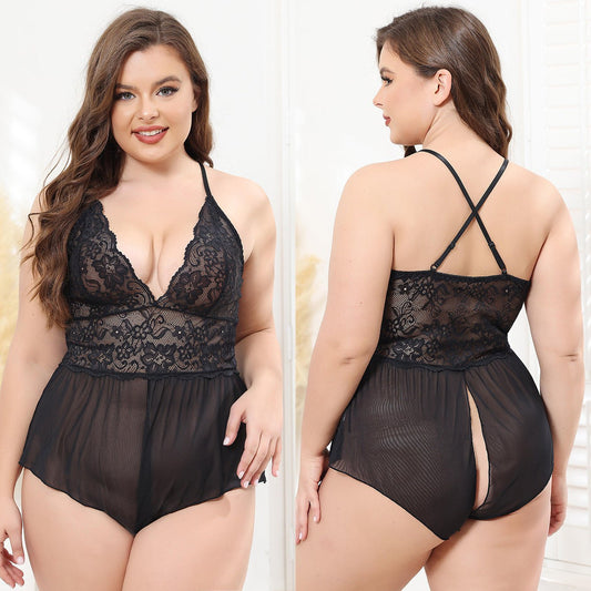 Plus size lace babydoll jumpsuit deep v, photo 2