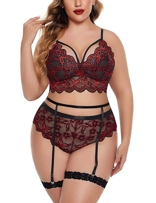 Claret plus size lace embroidered garter belt set
