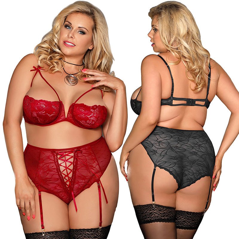 Plus size lace mesh high waist garter set, photo 4