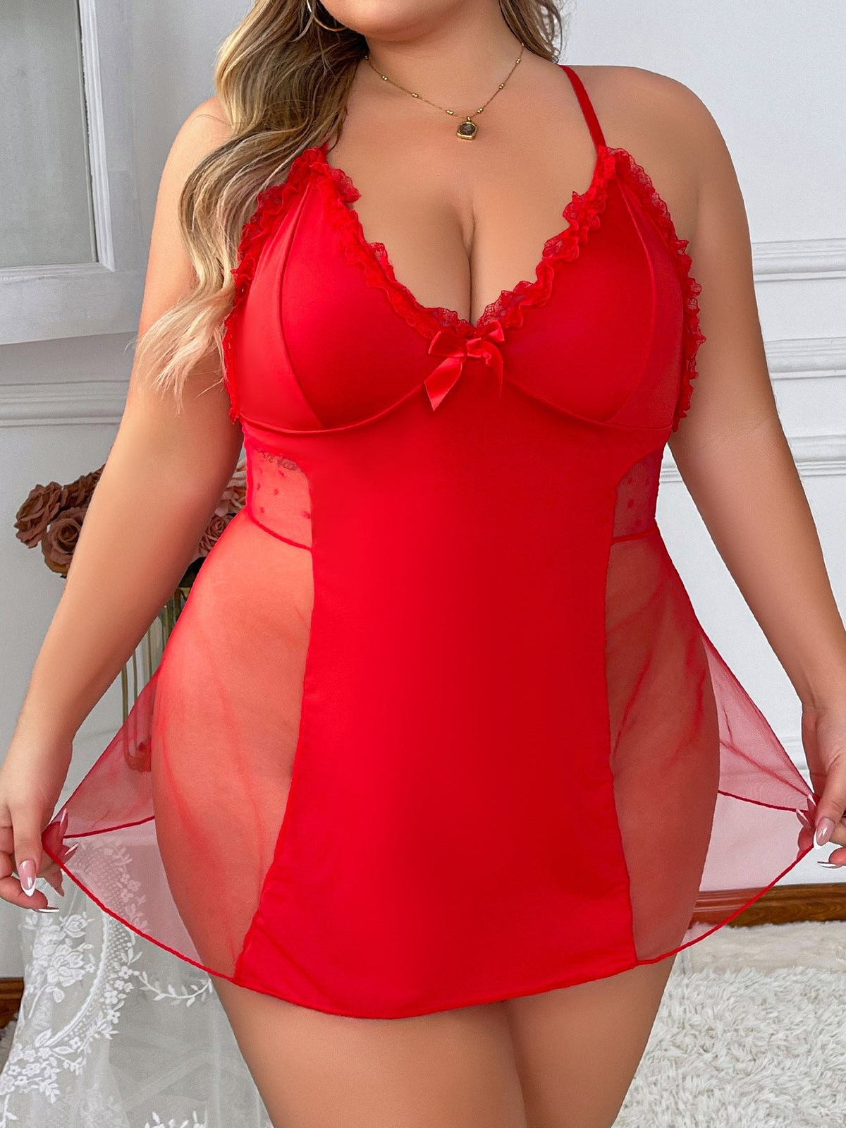 Red plus size lace mesh slit sleepwear babydoll