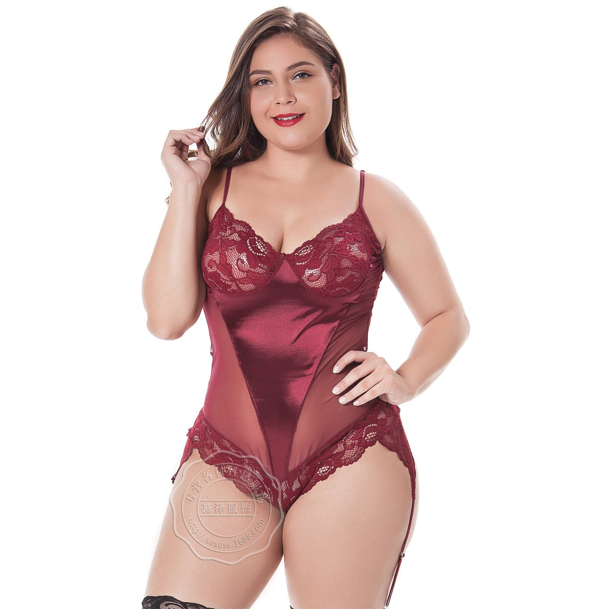 Red plus size lace satin underwire garter bodysuit