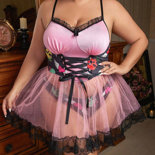 Pink plus size lace sling mesh babydoll dress