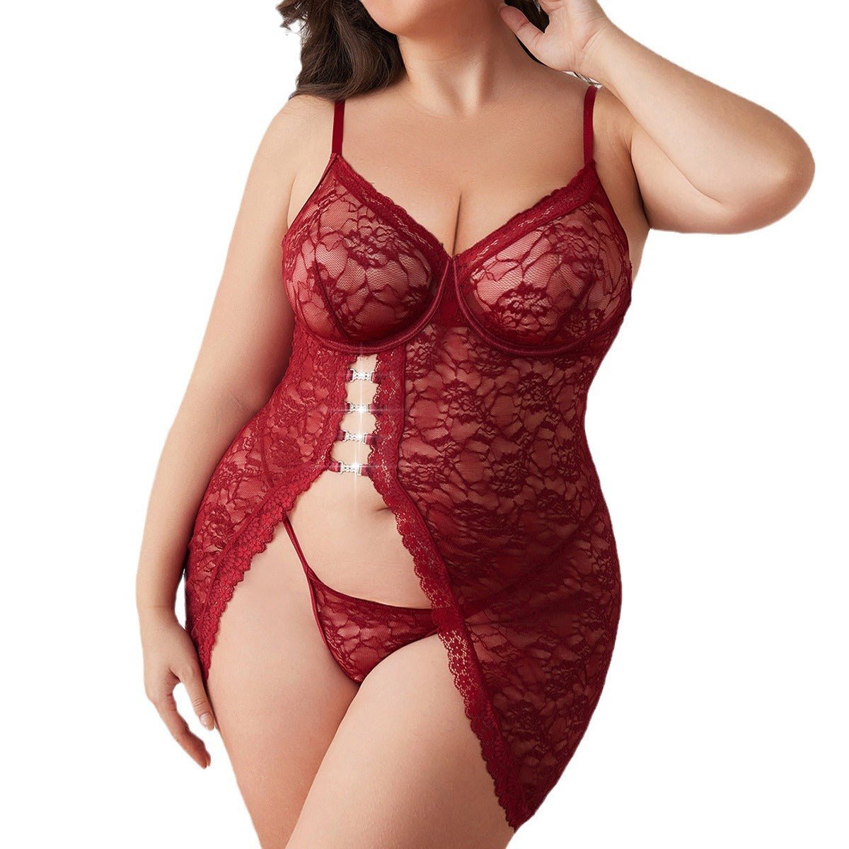 Plus size lace suspender slit babydoll set, photo 5