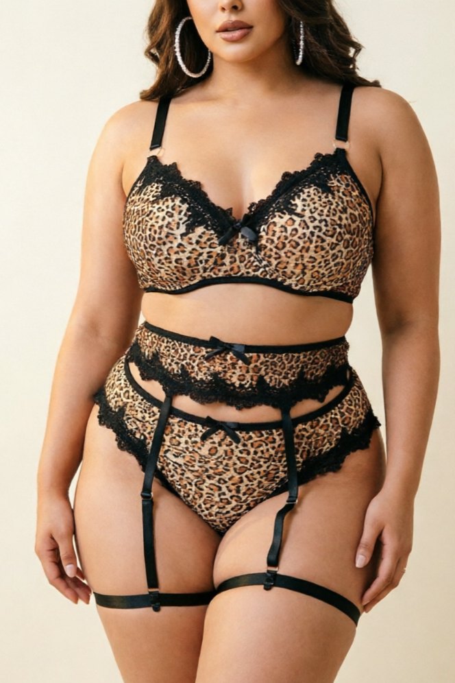 Leopard plus size leopard lace bra garter set