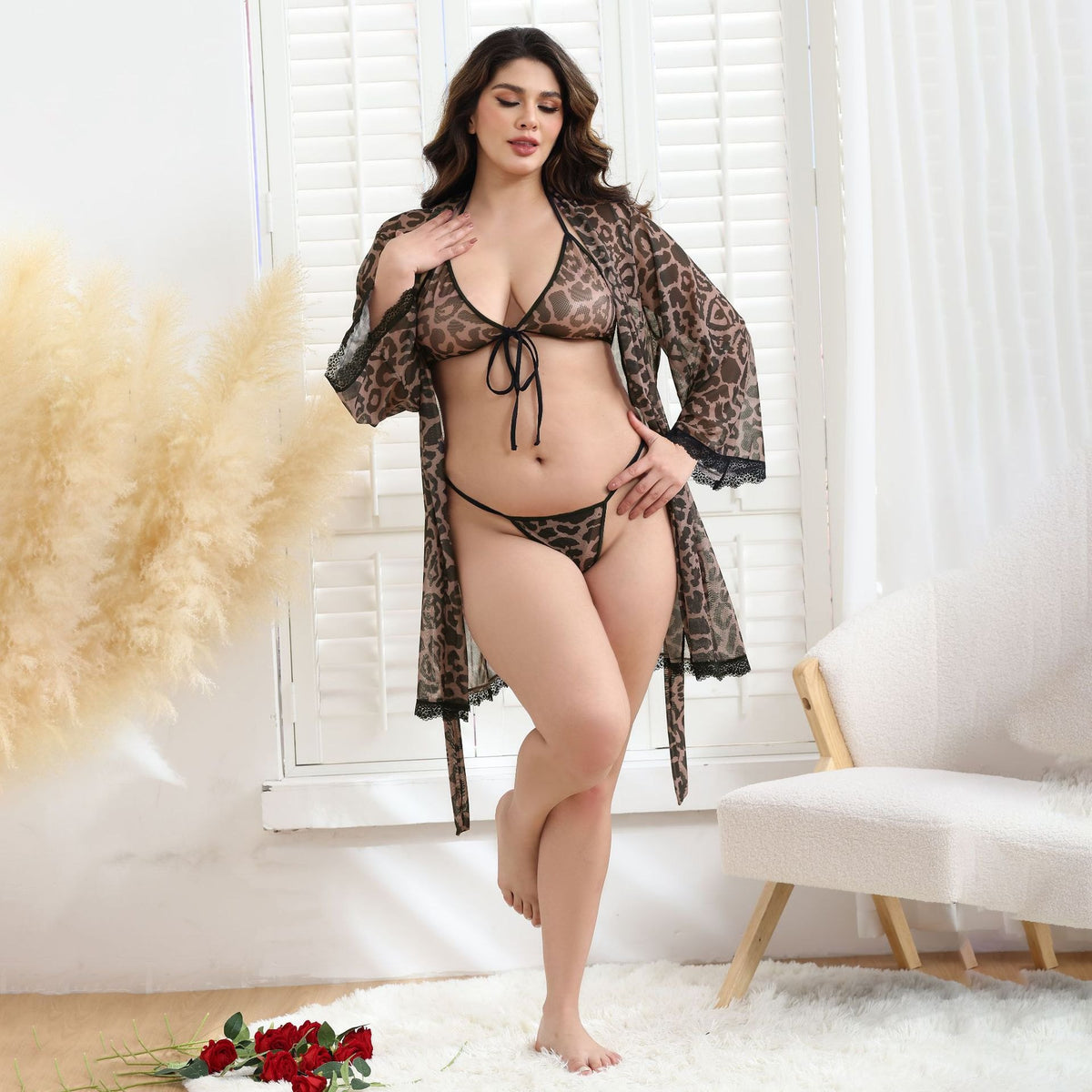 Plus size leopard print babydoll robe set, photo 3