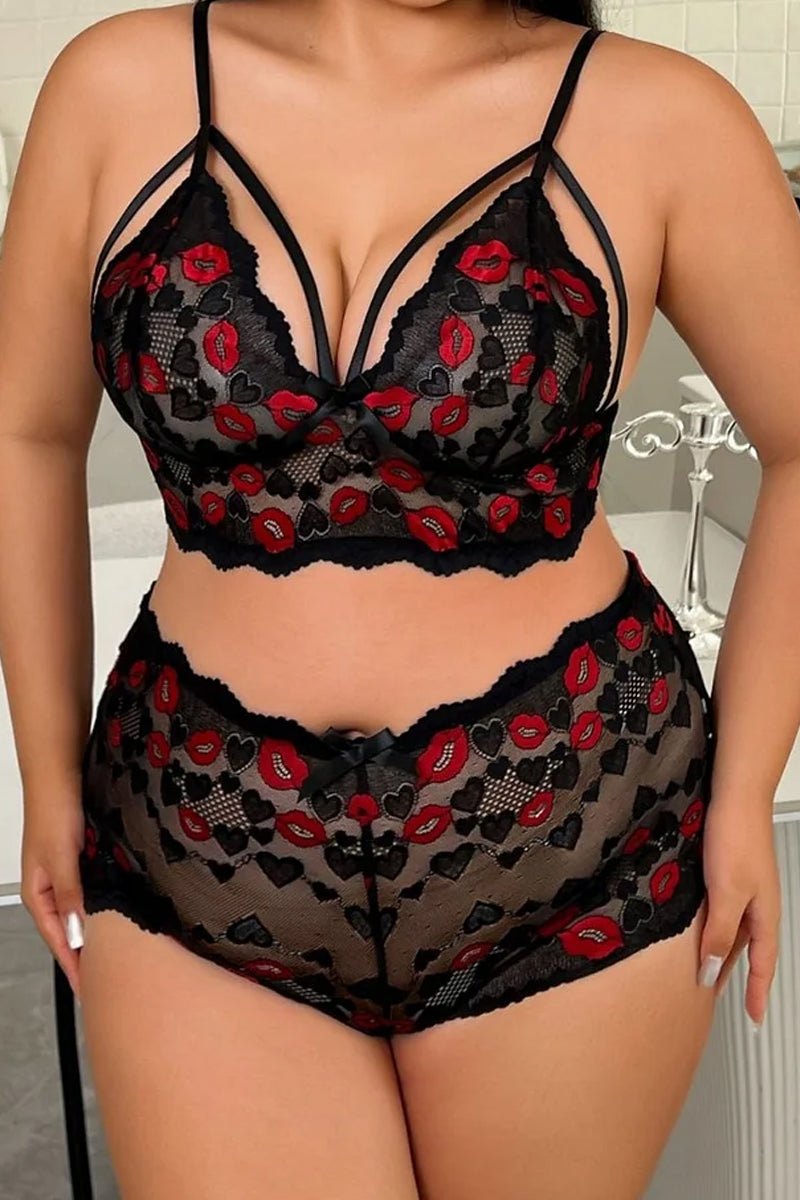Plus size lip print sheer lace lingerie set, photo 1