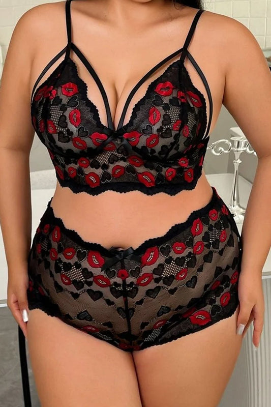 Plus size lip print sheer lace lingerie set, photo 1
