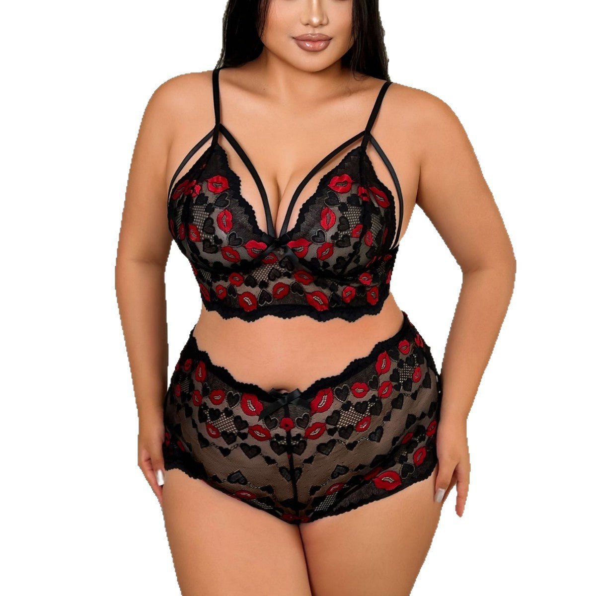 Plus size lip print sheer lace lingerie set, photo 4
