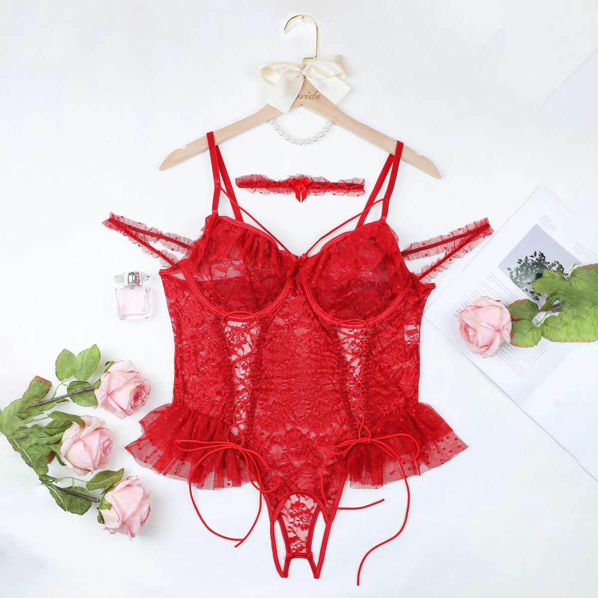 Plus size off shoulder lace up hollow out bodysuit, photo 9