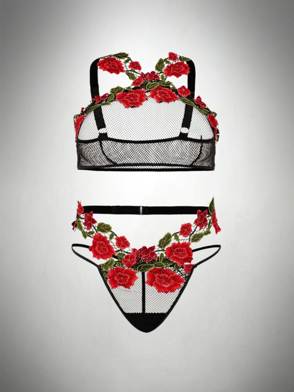 Plus size rose embroidery mesh bra set, photo 7