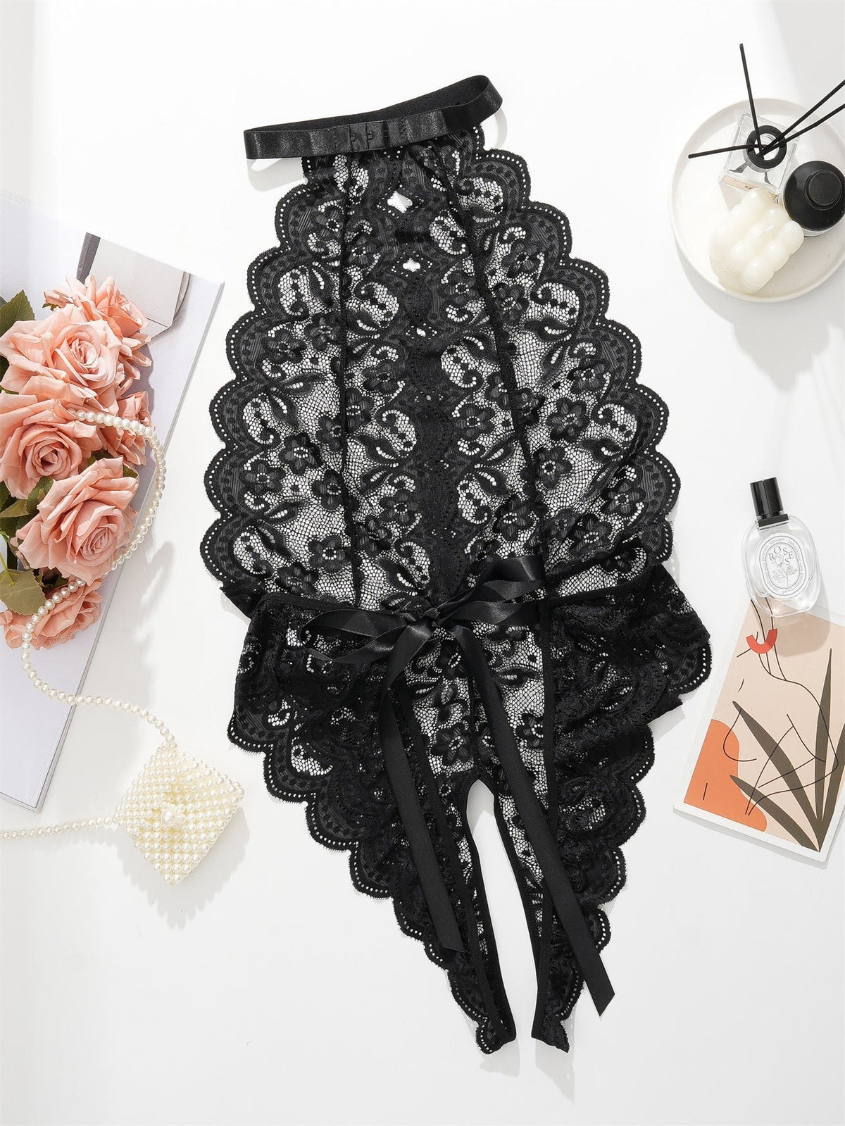 Black plus size sheer lace halter open back bodysuit