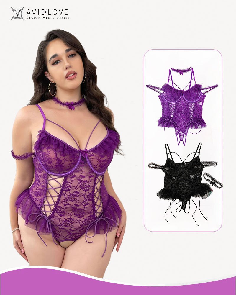 Black+purple plus size sheer lace underwire bodysuit 2 pack