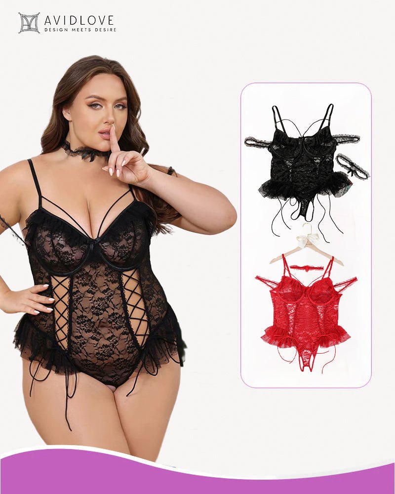 Black+red plus size sheer lace underwire bodysuit 2 pack