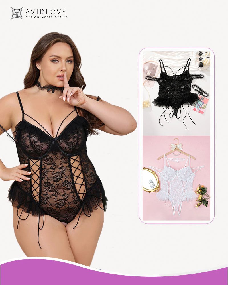 Black+white plus size sheer lace underwire bodysuit 2 pack