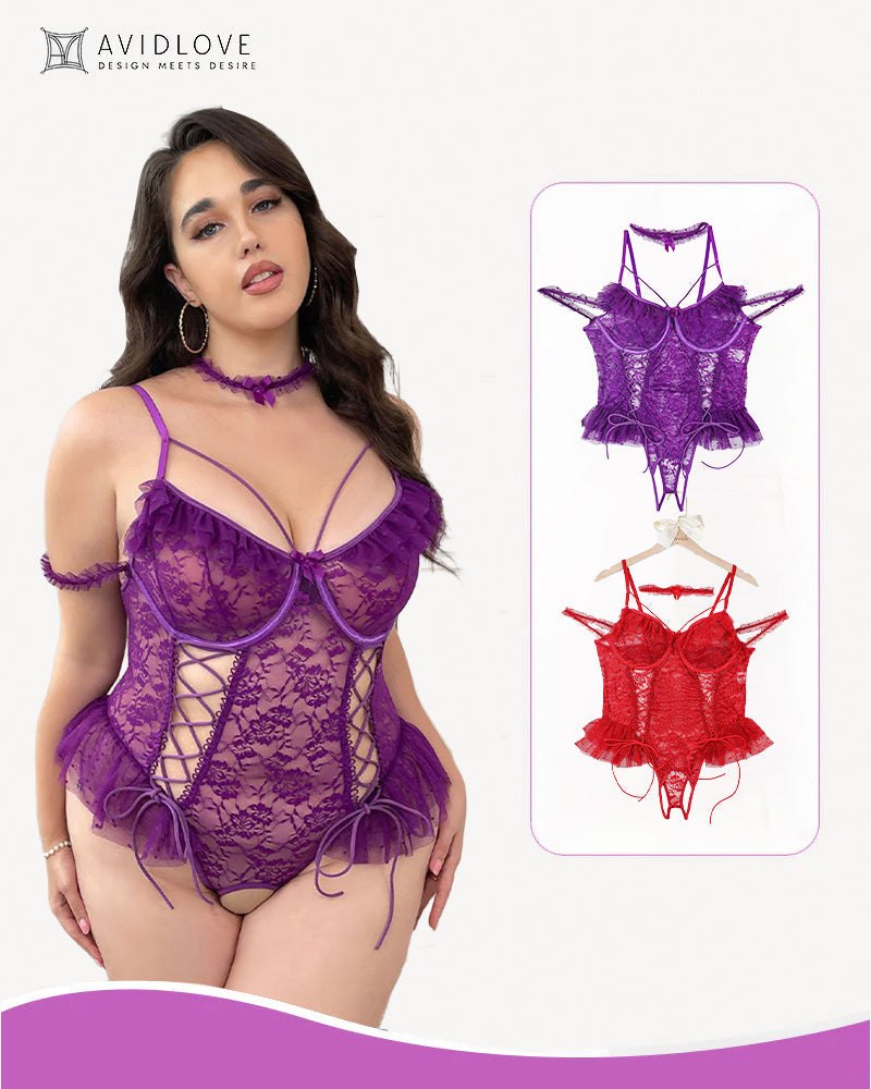 Purple+red plus size sheer lace underwire bodysuit 2 pack
