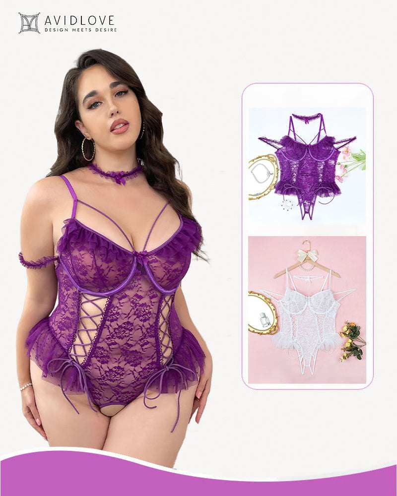 Purple+white plus size sheer lace underwire bodysuit 2 pack
