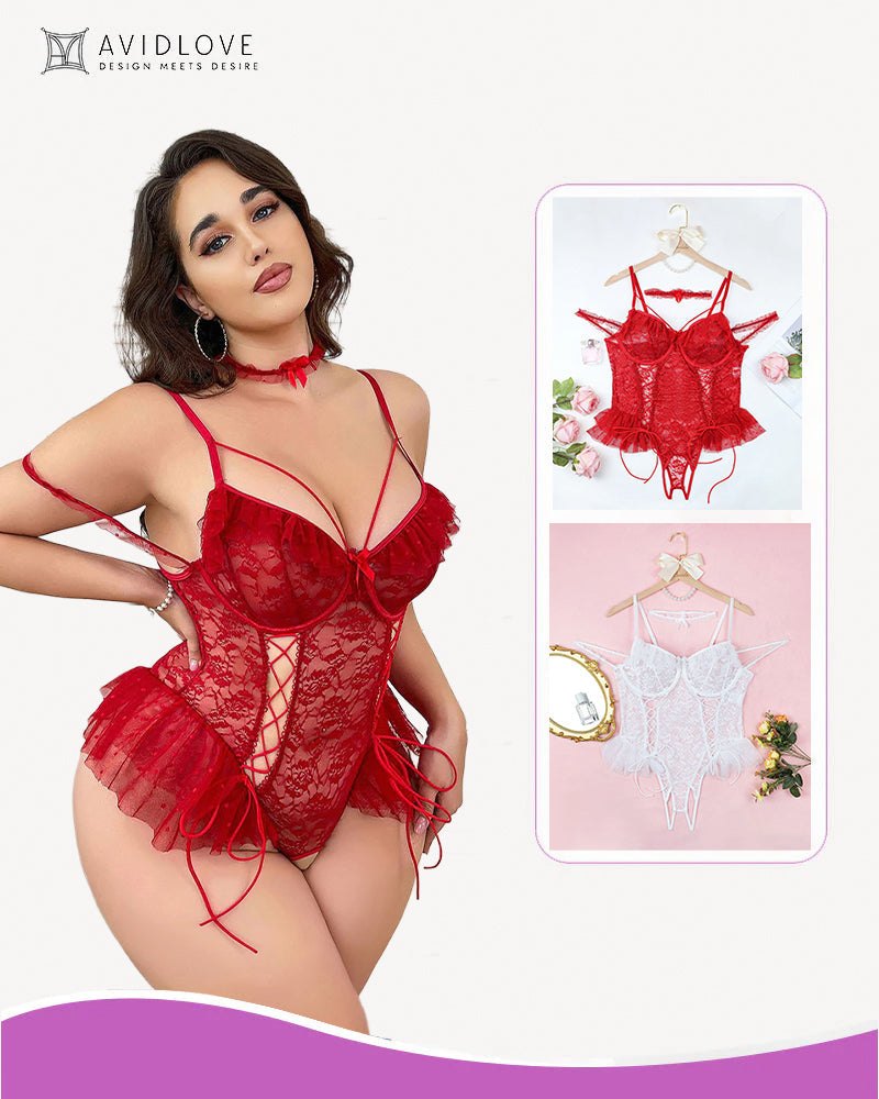 Red+white plus size sheer lace underwire bodysuit 2 pack