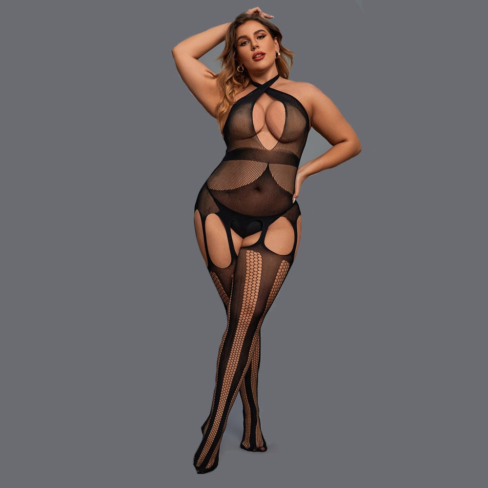 Black plus size sheer mesh halter bodysuit