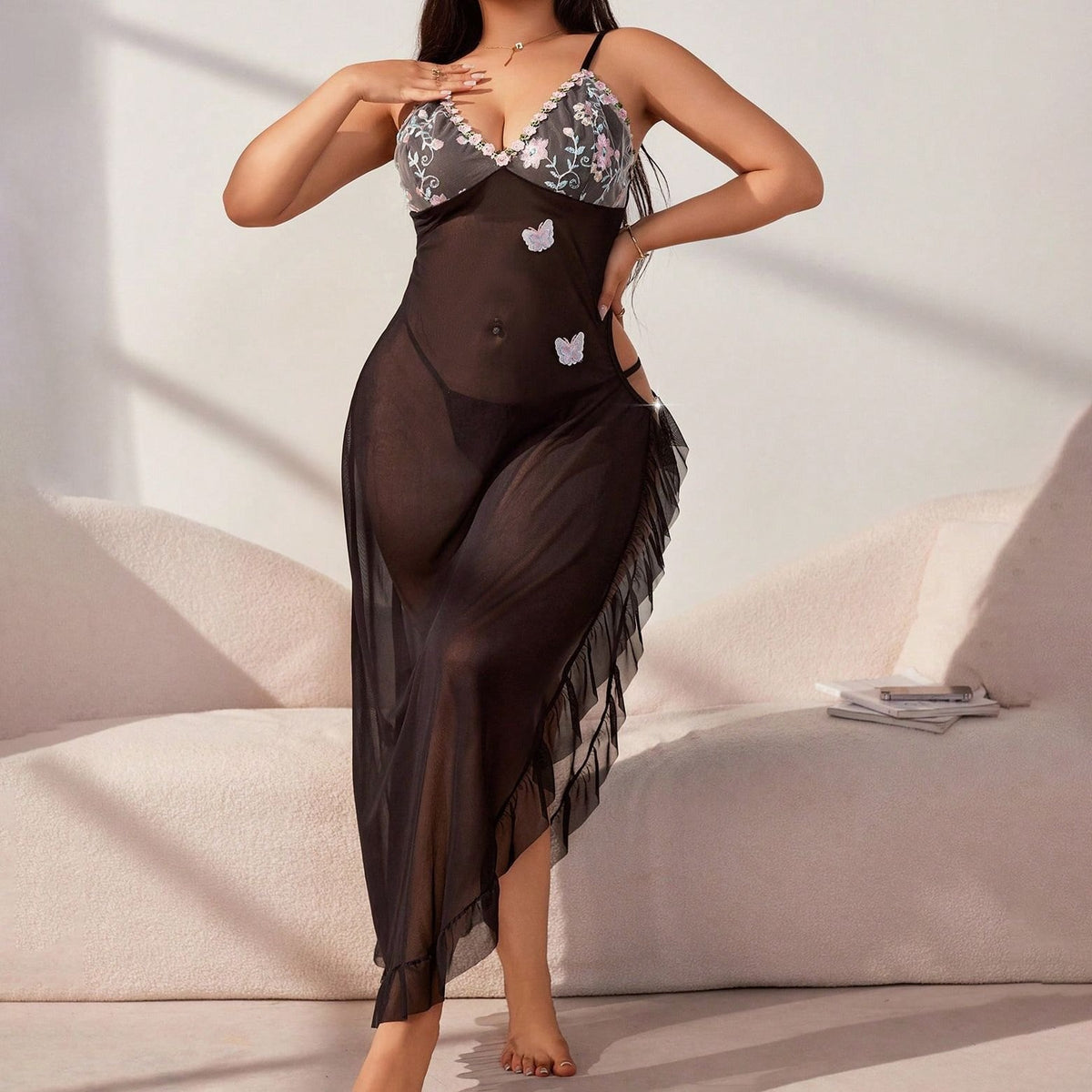 Black plus size split slit lace maxi chemise