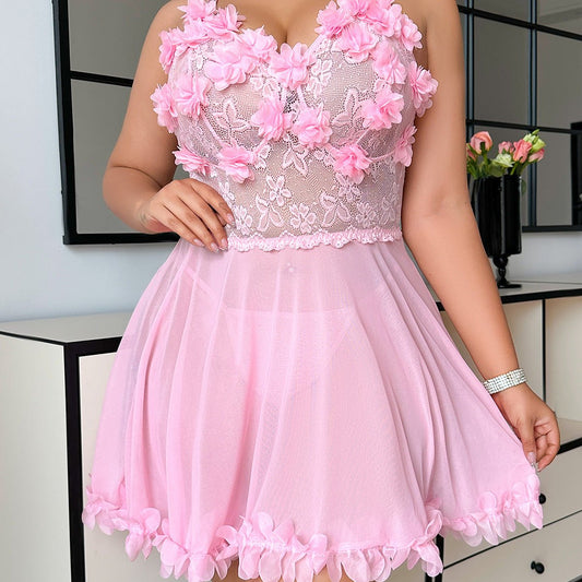 Pink plus size valentines lace t back night skirt set