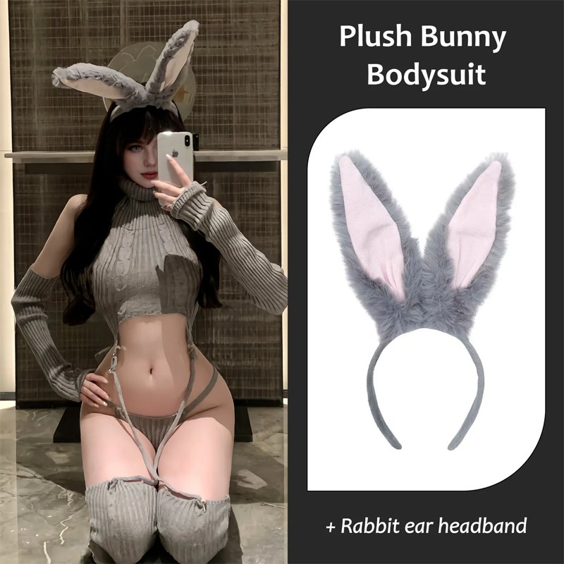 Gray & Headband plush bunny cosplay bodysuit