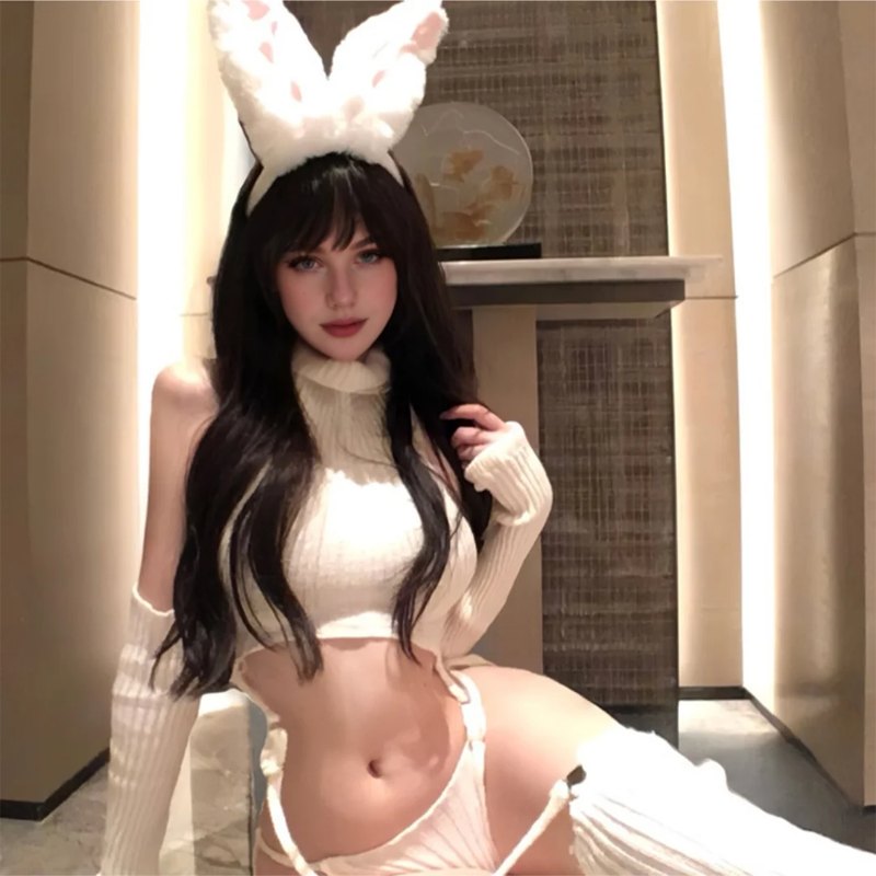 White plush bunny cosplay bodysuit