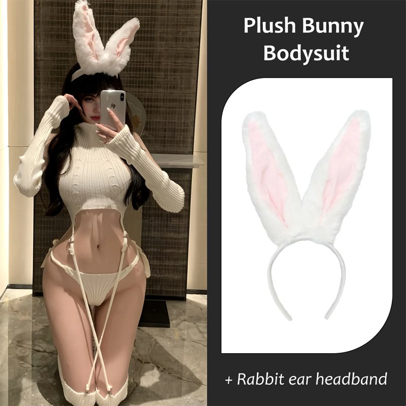 White & Headband plush bunny cosplay bodysuit