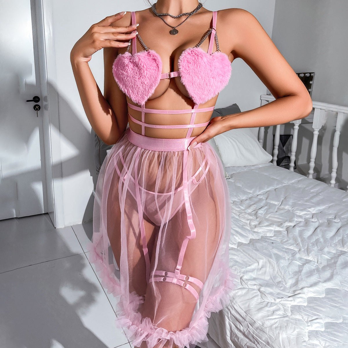 Pink plush heart bra sheer mesh skirt set