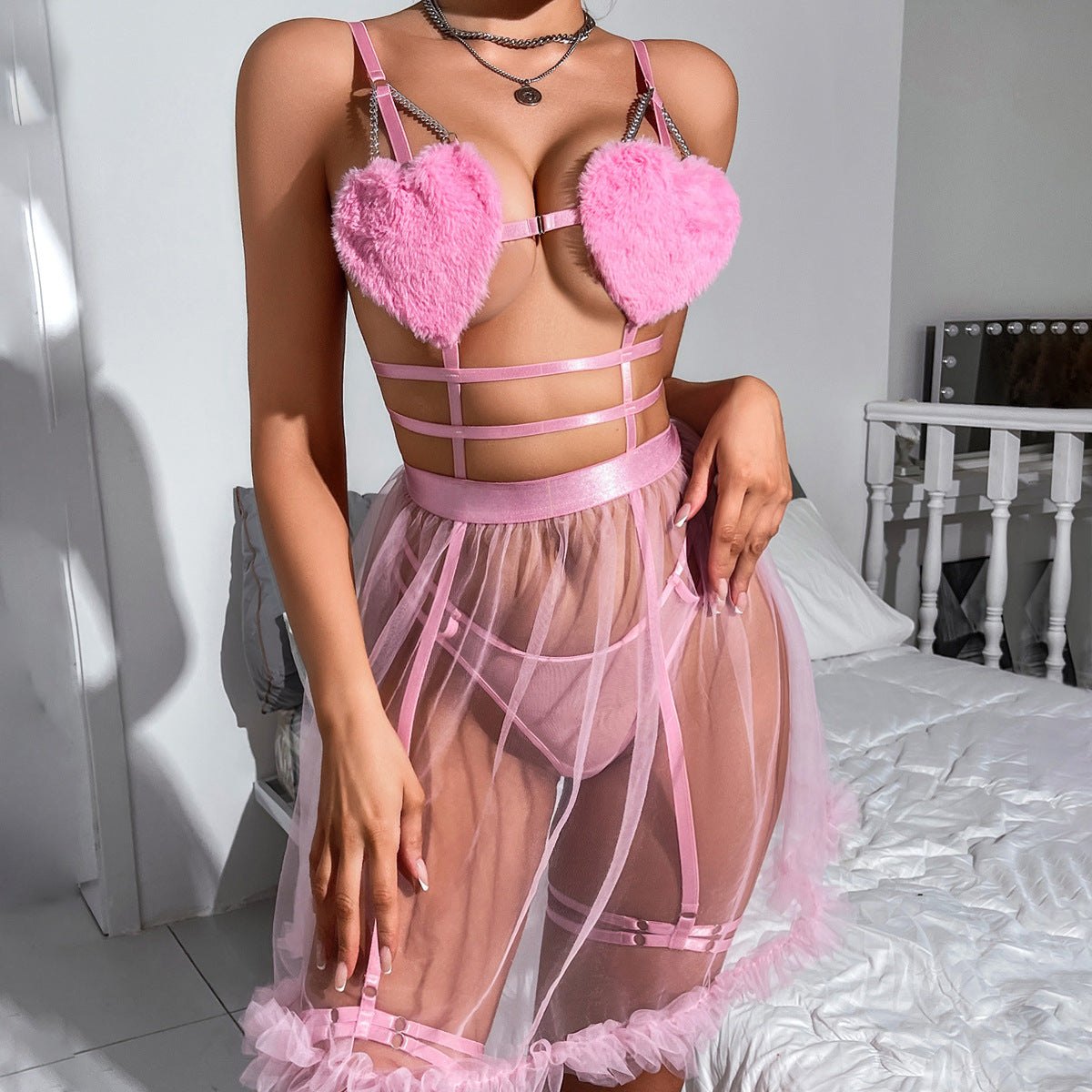 Plush heart bra sheer mesh skirt set, photo 4