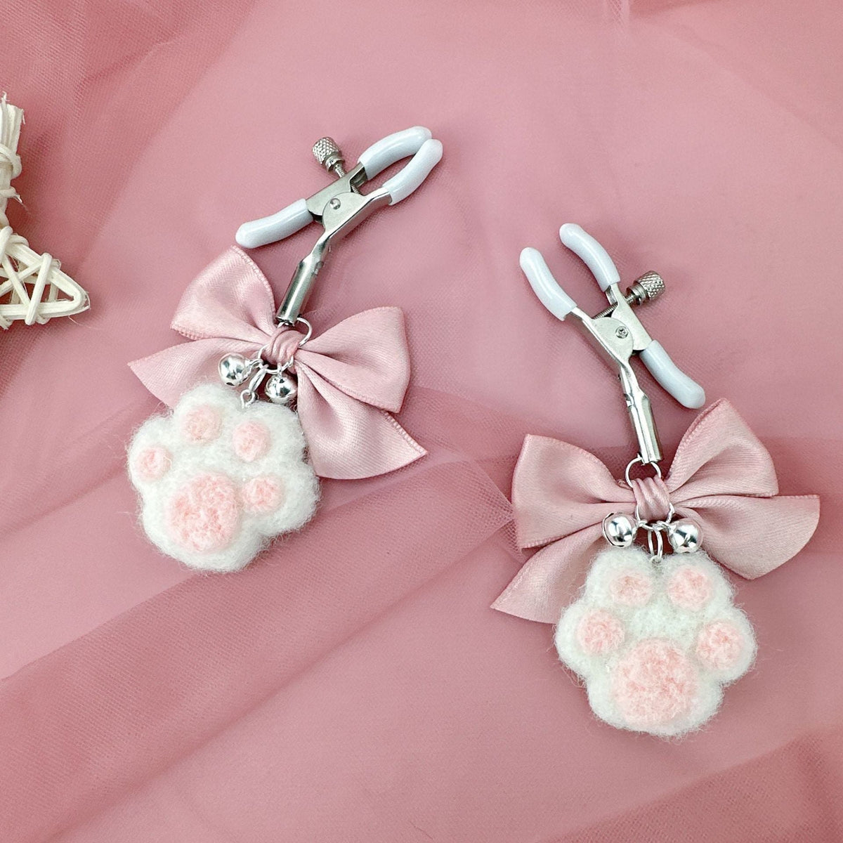 White and pink plush cat paw nipple clamps with bow and bells, photo 2