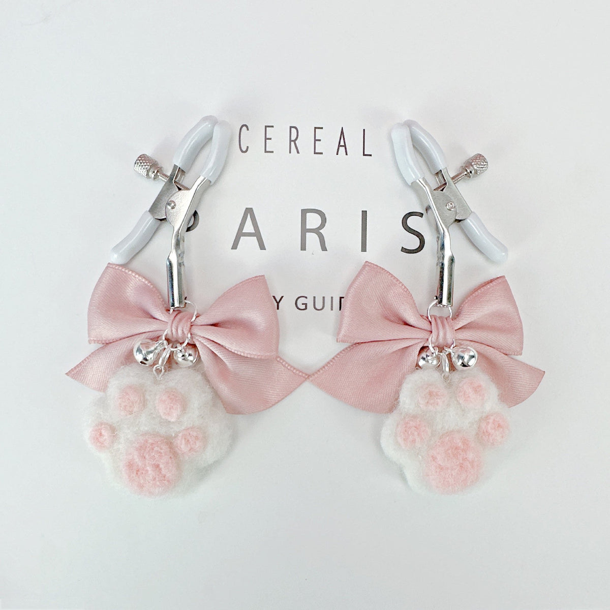 White and pink plush cat paw nipple clamps with bow and bells, photo 3