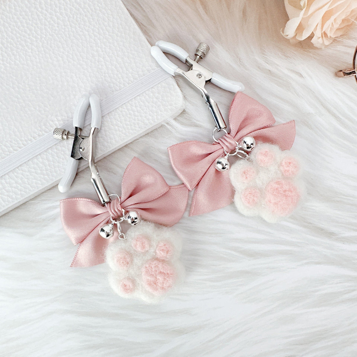 White and pink plush cat paw nipple clamps with bow and bells, photo 4